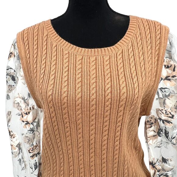 Anthropologie Maeve Tan Cable Knit Crew Sweater Sheer Rose Print Sleeves X Large - Picture 5 of 7